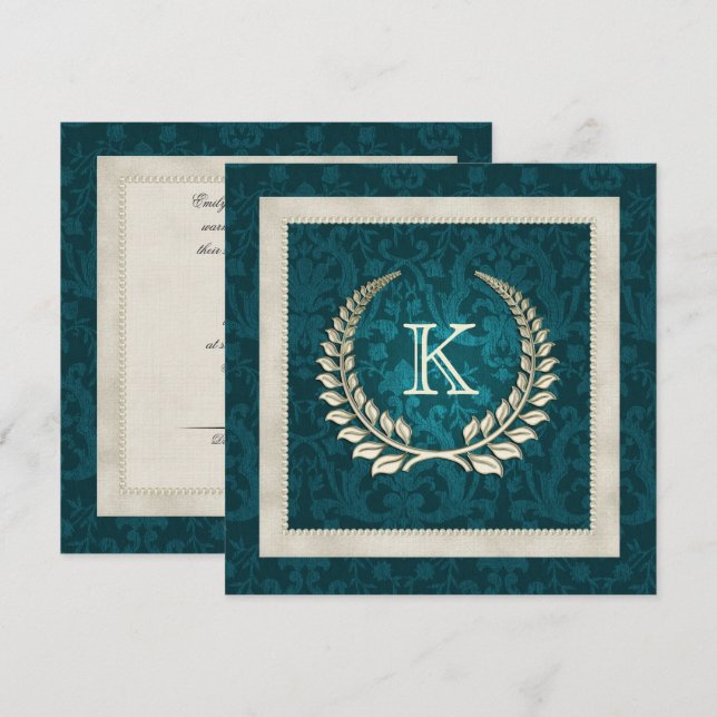 Hochzeitseinladung für aquamarine Damast und Perle Einladung (Vorne/Hinten)