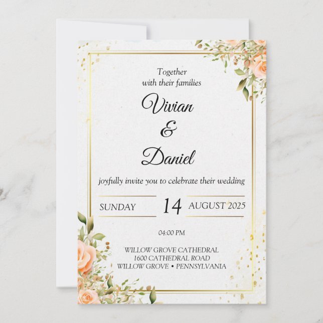 Hochzeitseinladung für Blume mit Gold und Pfirsich Einladung (Vorderseite)