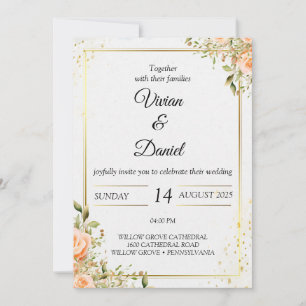 Hochzeitseinladung für Blume mit Gold und Pfirsich Einladung
