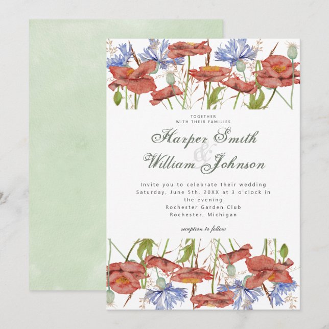 Hochzeitseinladung für Blume von Gras mit Aquarell Einladung (Vorne/Hinten)