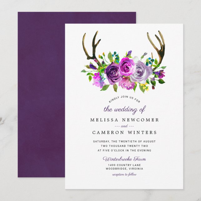 Hochzeitseinladung für lila Blumenfreunde Einladung (Vorne/Hinten)