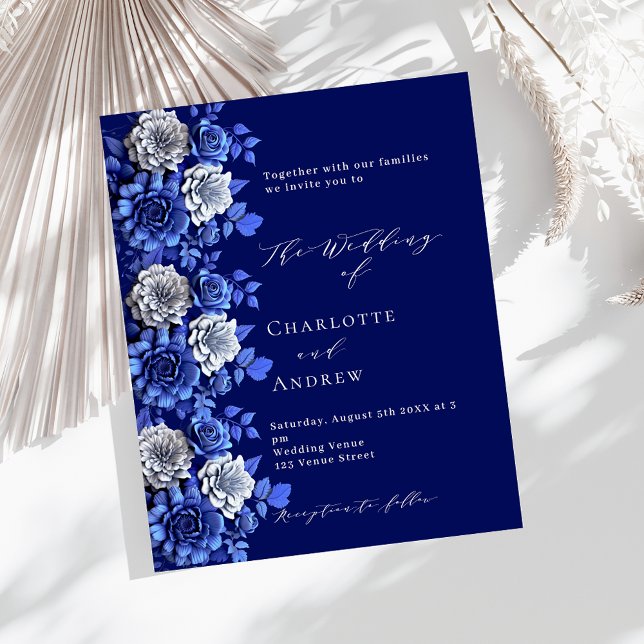 Hochzeitseinladung für Navy Blue-Silber-Florals (Von Creator hochgeladen)