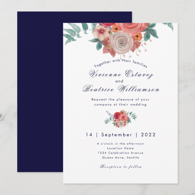 Hochzeitseinladung für Navy-Boho-rote Rosen Einladung (Vorne/Hinten)