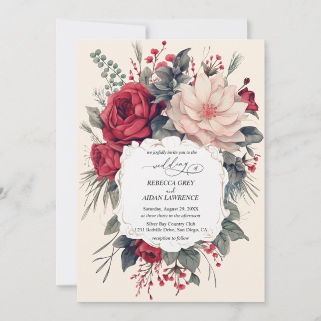 Hochzeitseinladung schöne Blume rot blau klassisch Einladung (Vorderseite)