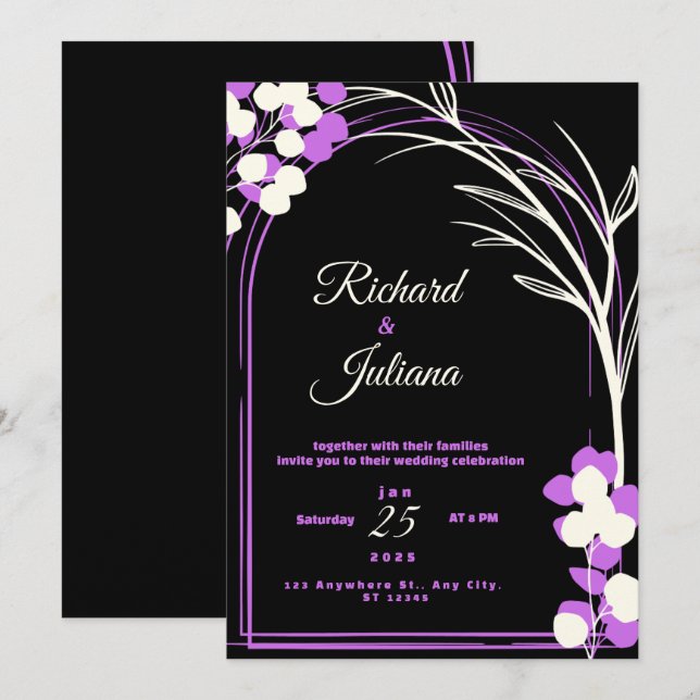 Hochzeitseinladung schwarz Hintergrund violette Bl Einladung (Vorne/Hinten)