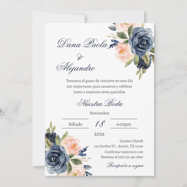Hochzeitseinladung von Blauer Flora auf Spanisch Einladung (Vorderseite)