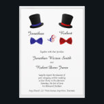 Hochzeitseinladung von Homosexuellen zu Top Hats u Einladung<br><div class="desc">Dieses lustige Design heißt Top Hats und Bow Krawatte Gay Wedding. Der Hintergrund ist hell weiß mit einem dünnen schwarzen Rand. Oben zentriert ist ein schwarz-rot-gelber Hut mit einer roten Bogen-Krawatte und einem schwarz-blauen Hut mit einer roten Bogen-Krawatte. Der Name jedes Bräutigams geht dazwischen ein. Dieses Set hat Einladungen, speichern...</div>