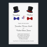 Hochzeitseinladung von Homosexuellen zu Top Hats u Einladung<br><div class="desc">Dieses lustige Design heißt Top Hats und Bow Krawatte Gay Wedding. Der Hintergrund ist hell weiß mit einem dünnen schwarzen Rand. Oben zentriert ist ein schwarz-rot-gelber Hut mit einer roten Bogen-Krawatte und einem schwarz-blauen Hut mit einer roten Bogen-Krawatte. Der Name jedes Bräutigams geht dazwischen ein. Dieses Set hat Einladungen, speichern...</div>