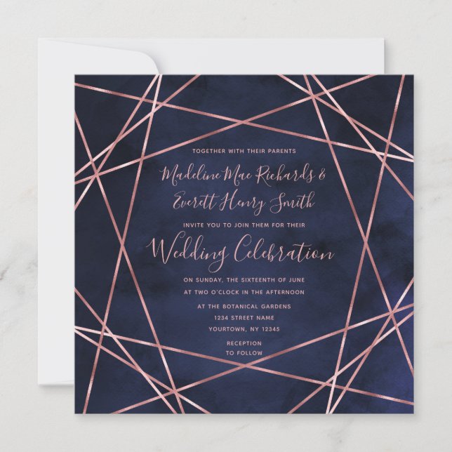 Hochzeitseinladung von Navy Blue & Rose Gold Geome Einladung (Vorderseite)