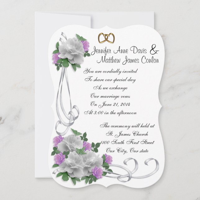 Hochzeitseinladung Weiß und Lavendel Rose Einladung (Vorderseite)