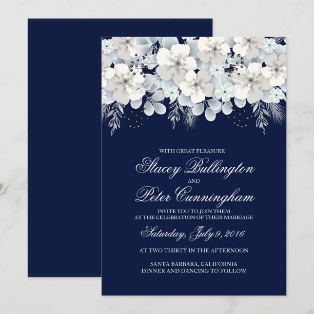 Hochzeitseinladung Weißer Blume Sakura blau Einladung (Vorne/Hinten)