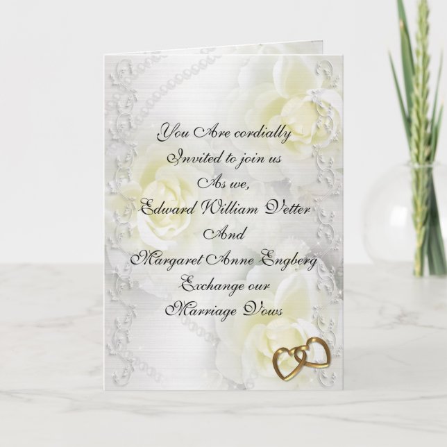 Hochzeitseinladung zu weißen Rosen und Perlen Einladung (Vorderseite)