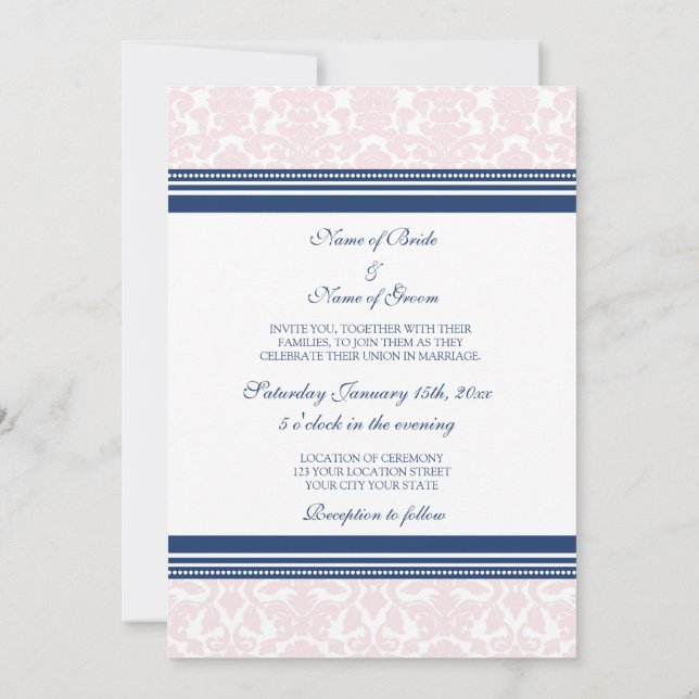 Hochzeitseinladungen Blauer weißer Damast Einladung (Rückseite)
