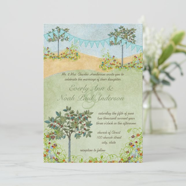 Hochzeitseinladungen für Gelb und Grün Einladung (Stehend Vorderseite)