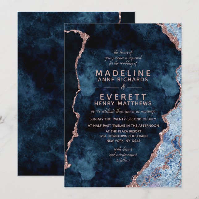 Hochzeitseinladungen für Navy Blue & Rose Gold Aga Einladung (Vorne/Hinten)