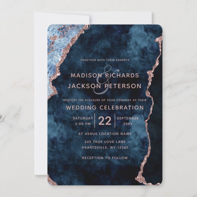 Hochzeitseinladungen für Navy Blue Rose Gold Marbl Einladung (Vorderseite)