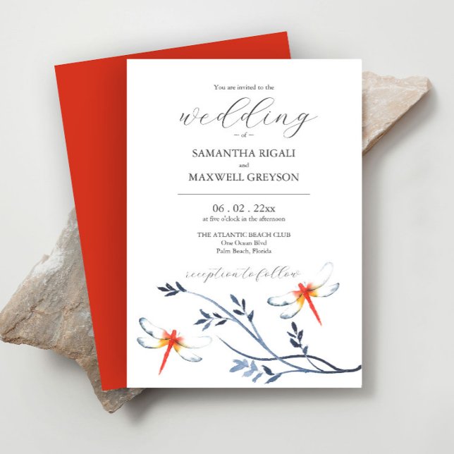 Hochzeitseinladungen für Wasserfarben Rote Libelle Einladung (Red dragonfly wedding invitation features unique watercolor art by Victoria Grigaliunas)