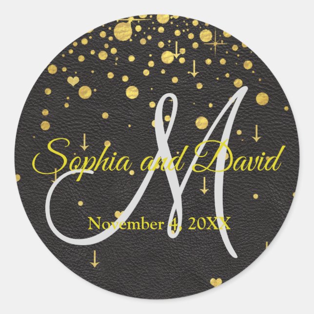 Hochzeitseinladungen | Gold Confetti Monogram Runder Aufkleber (Vorderseite)