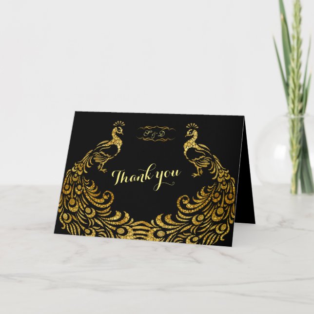 Hochzeitseinladungen | Gold Peacock Black DANKE (Vorderseite)
