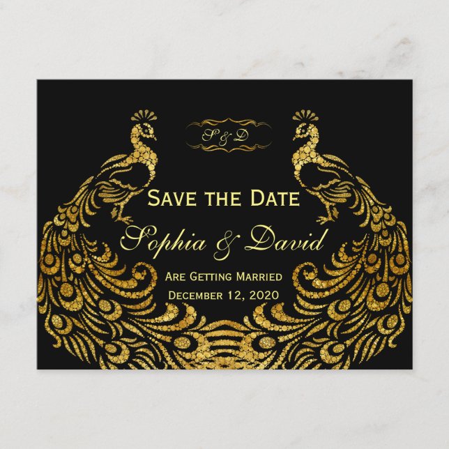Hochzeitseinladungen | Gold Peacock SAVE THE DATE (Vorderseite)