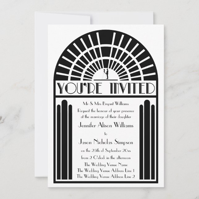 Hochzeitseinladungen im Stil des kühlen Art Deco Einladung (Vorderseite)