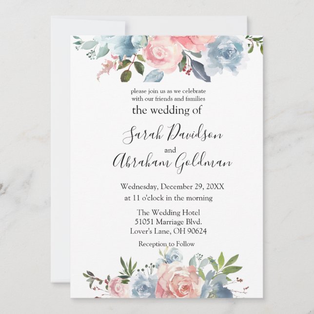 Hochzeitseinladungen - Rosa blauer Rose Einladung (Vorderseite)