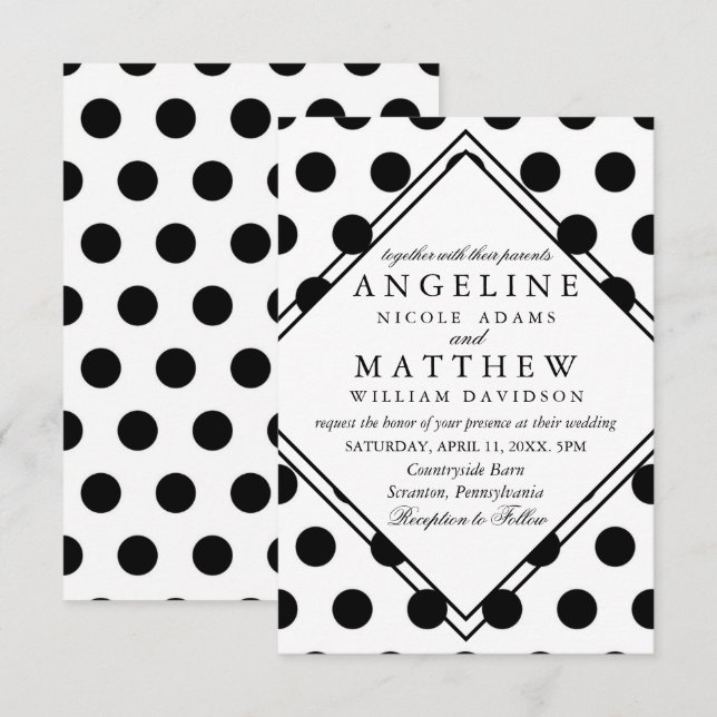 Hochzeitseinladungen| Schwarzer Polka-Dot Einladung (Vorne/Hinten)