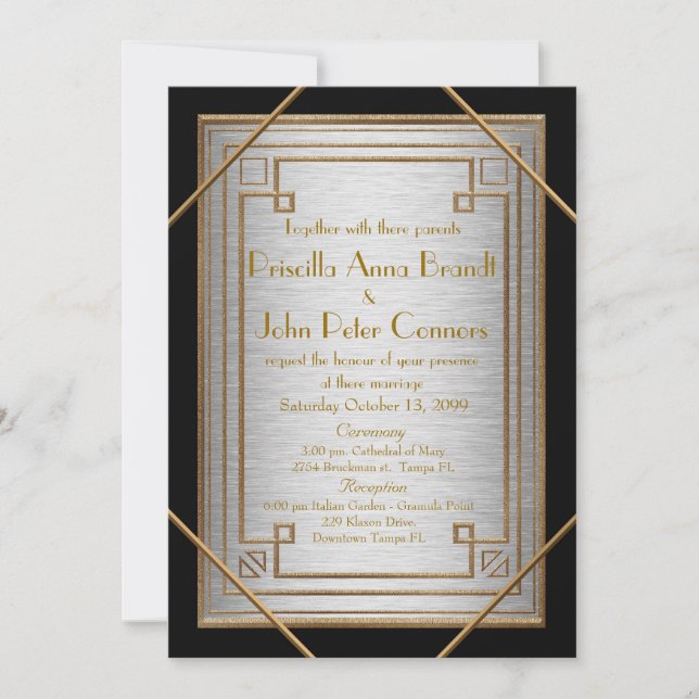 Hochzeitseinladungskarte, großes Gatsby, silbernes Einladung (Vorderseite)