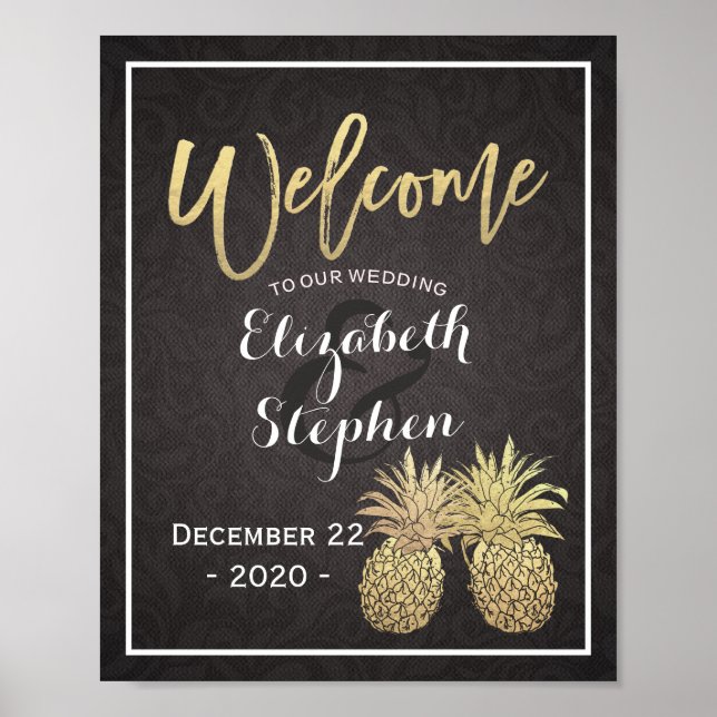Hochzeitsempfang Black Gold Ananas Couple Poster (Vorne)