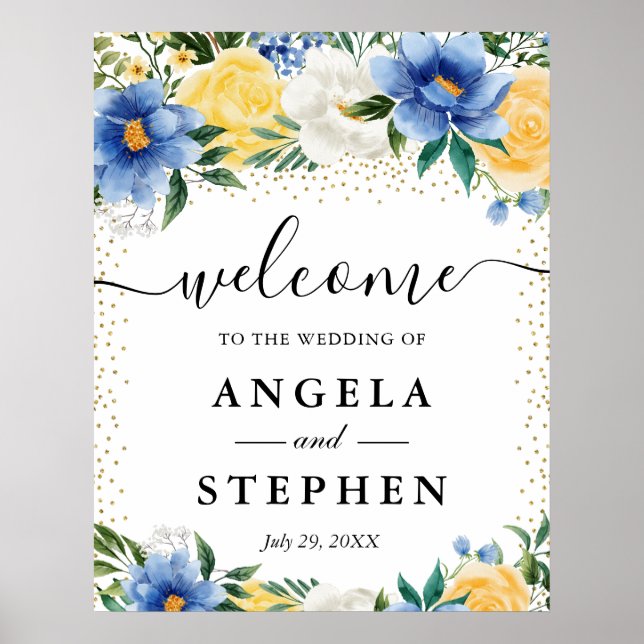 Hochzeitsempfang: Blaue und gelbe Blumen Poster (Vorne)