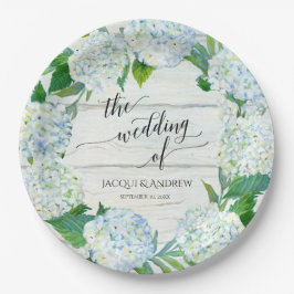 Hochzeitsempfang Blaues Weiß Hydrangea Wreath Wood Pappteller