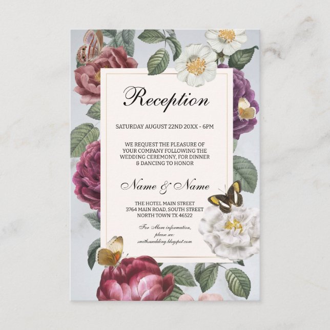 Hochzeitsempfang Blümflora Blume Schmetterling Begleitkarte (Vorderseite)