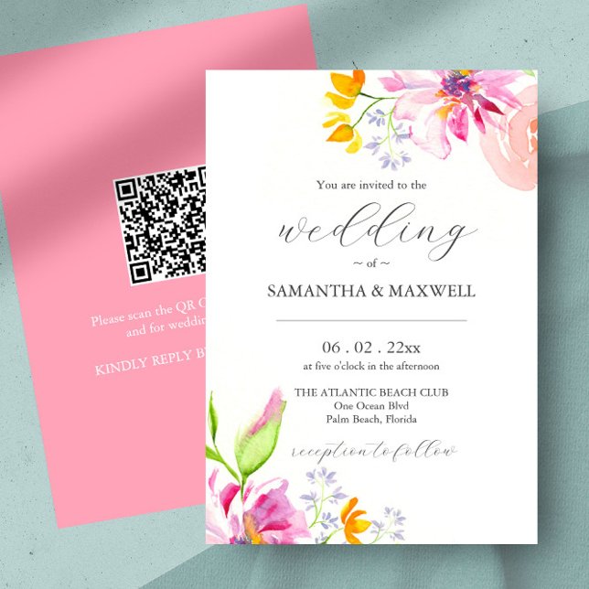 Hochzeitsempfang Elegante Wasserfarben Einladung (wedding invitations unique watercolor pink florals by Victoria Grigaliunas of Do Tell A Belle)