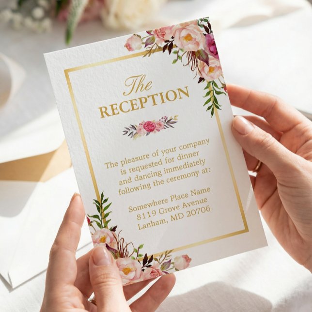 Hochzeitsempfang Eleganter Chic Floral Gold Rahmen Begleitkarte (Von Creator hochgeladen)