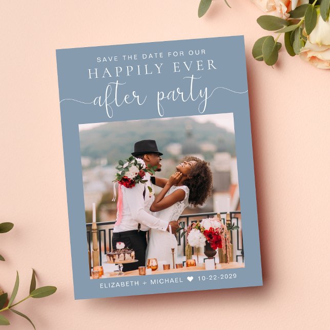 Hochzeitsempfang Foto Dusty Blue Save the Date Ankündigungspostkarte (A stylish save the date announcement for a reception to celebrate your elopement or private wedding)