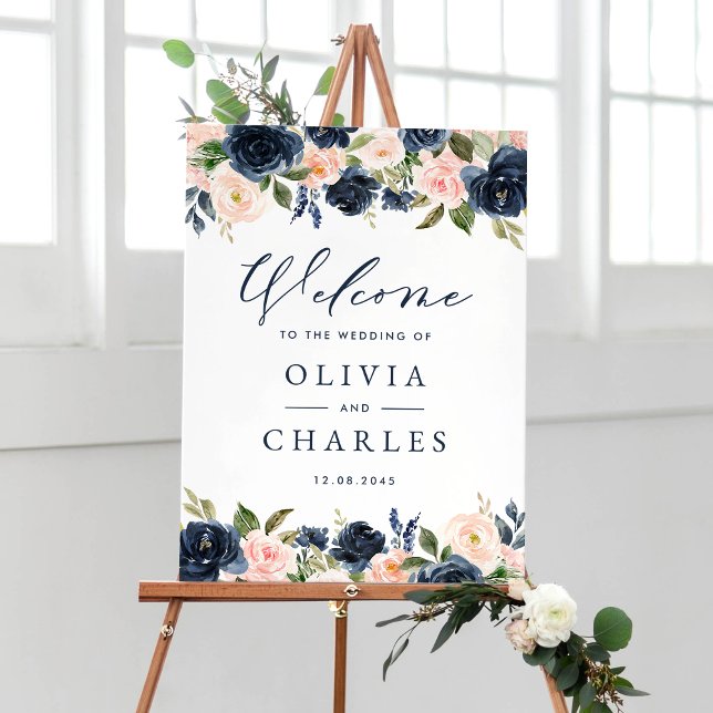 Hochzeitsempfang für Aquarellblasten und Blume der Poster (Customizable floral wedding welcome sign featuring watercolor blush pink and navy blue flowers)