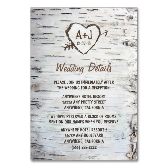 Hochzeitsempfang für Birch Tree + Unterkunftskarte Tischnummer (Vorderseite)