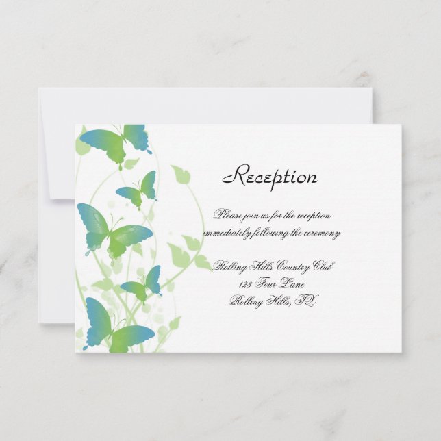Hochzeitsempfang für Blaue und Grüne Schmetterling Einladung (Vorderseite)