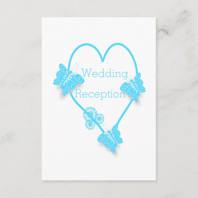Hochzeitsempfang für blaues Herz und Schmetterling Begleitkarte (Vorderseite)