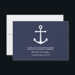 Hochzeitsempfang für die blaue Navy Einladung<br><div class="desc">Fügen Sie Ihrer Hochzeit eine persönliche Touch mit der modernen nautisch-marineblau Anker Hochzeitssuite: Hochzeitsempfangskarte. Diese Empfang-Karte zeigt eine Abbildung des weißen Ankerpunktes mit Details in weißem,  modernem Sans Serif Schriftart auf marineblau Hintergrund. Ideal für Hochzeiten mit Wassersportaktivitäten,  Hochzeiten zum Thema Strand und vieles mehr.</div>