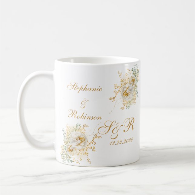 Hochzeitsempfang für moderne Gold Floral Monogram Kaffeetasse (Links)