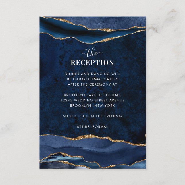 Hochzeitsempfang für Navy Blue Gold Foil Agate Geo Begleitkarte (Vorderseite)