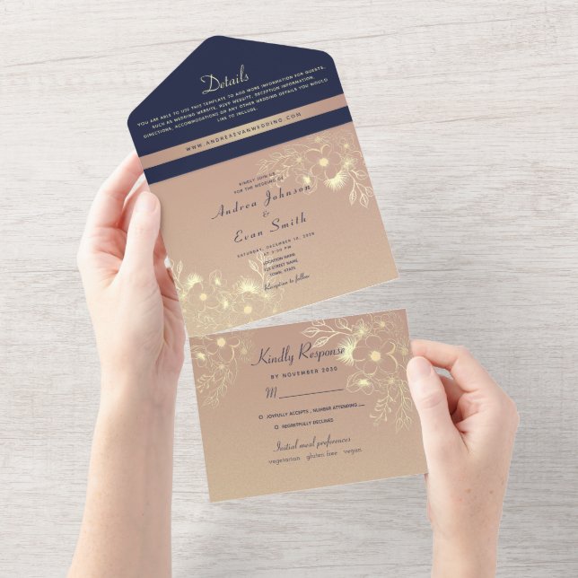 Hochzeitsempfang für Navy Blue & Gold Foto All In One Einladung (Abreißen)