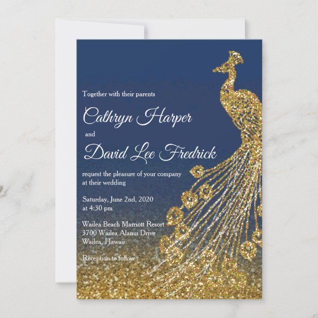 Hochzeitsempfang für Navy Blue & Gold Glitzer Peac Einladung (Vorderseite)