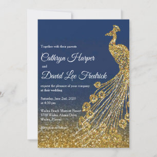 Hochzeitsempfang für Navy Blue & Gold Glitzer Peac Einladung