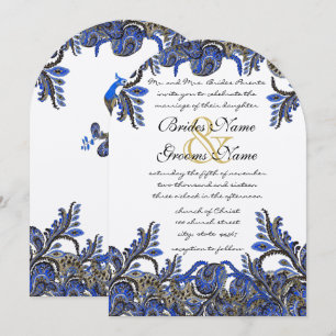 Hochzeitsempfang für Navy Blue & Gold Peacock Pais Einladung