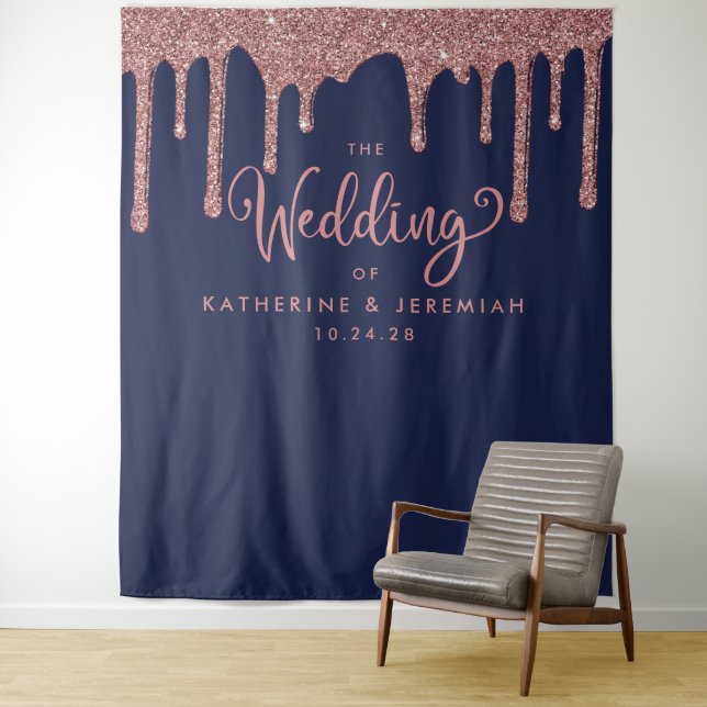 Hochzeitsempfang für Navy Blue Rose Gold Glitzer Wandteppich (Beispiel)