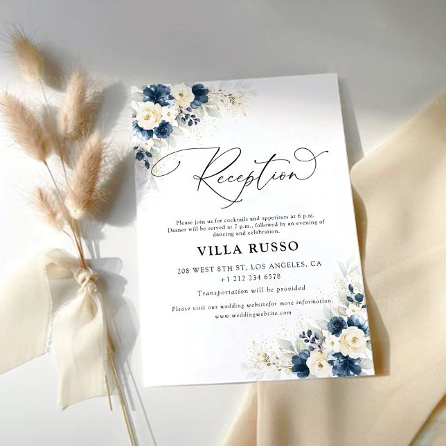 Hochzeitsempfang für Navy Blue und White Roses Begleitkarte (Von Creator hochgeladen)