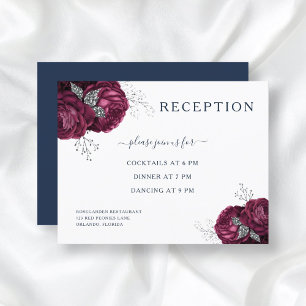 Hochzeitsempfang für Rose des Blue Floral Burgundy Begleitkarte