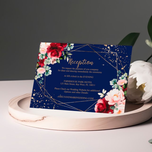 Hochzeitsempfang für rote Rose und Gold Begleitkarte (Von Creator hochgeladen)